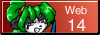 this is an age rating. it has white text on a red background that says web 14. on the left is a panda character with green hair.