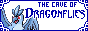 blue text on a white background that says cave of dragonflies. the pokemon Articuno is in the lower left corner