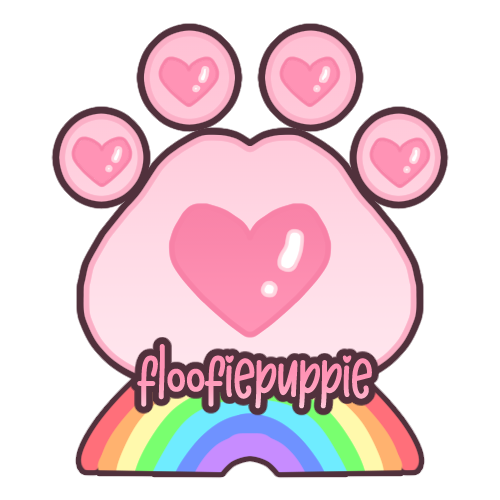 floofie puppy. text is overlaid on a pink pawprint with heart-shapped pads resting on a rainbow.