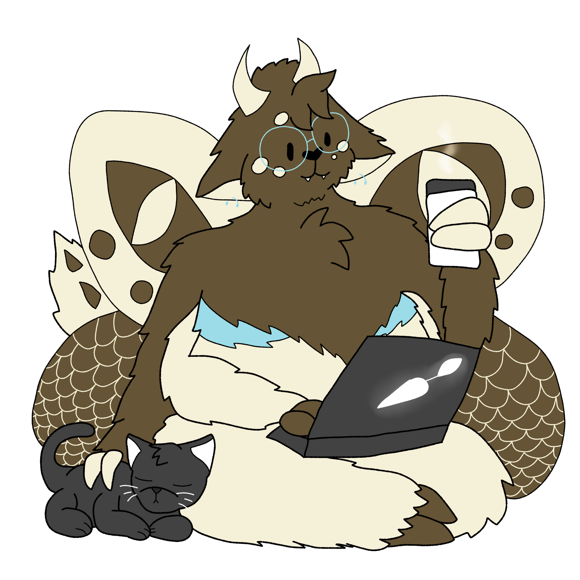 a four armed moth-dragon working at a laptop. In one of his hands is a cup of coffee, and another is being used to pet a black cat. His body is various shades of brown, with bright blue top surgery scars.