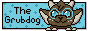 A piece  of pixel art - on the left is text that says the grub dog and on the right is a fuzzy brown creature with light brown horns and blue eyes. The background is light blue with dark blue spots.