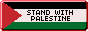 the palestine flag. over the white stripe is black text that says stand with palestine.