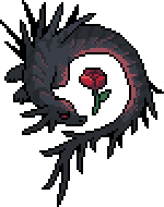 a black wingless dragon curled around a rose