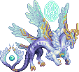 a white blue and gold feathered dragon