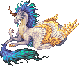 a white blue and gold feathered dragon