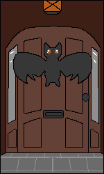 pixel art of a door with a bat on it. Clicking it will take you to another page