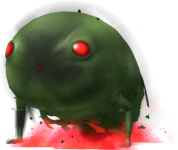 a green shadow monster with red eyes and a red dot for a mouth. It has two front legs and its back trails off in smoke.