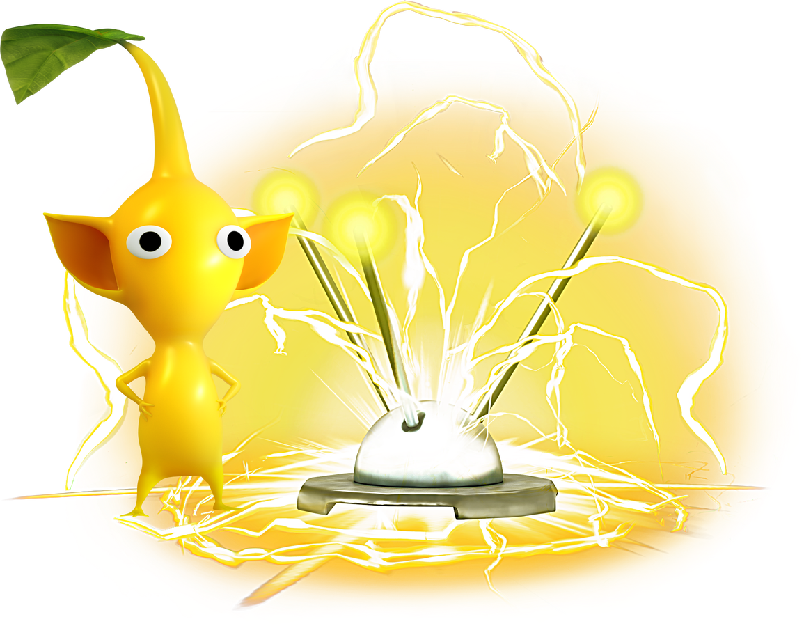 a yellow pikmin playing with an electric generator